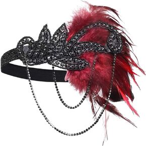 1920s Flapper Headpiece 20s Gatsby Vintage Feather Headband,Flapper Headbands Womens 1920s Headpiece Great Gatsby Inspired Feather Headband Cocktail Party Rhinestone Hair Accessories for Women,Red
