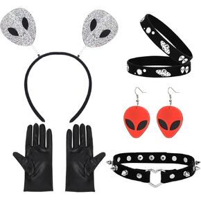 XEPST Alien Costume Accessories Set - Alien Antenna Headband, Earrings, Necklace, and Gloves for Women - Perfect for Alien Parties Halloween Carnival Cosplay - Dress Up Accessories, Black
