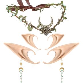 MOSTORY Medieval Renaissance Accessories Set - Bronze Woodland Crown and Elf Ears Dangling Fae Earrings Set Elf Headpiece Fairy Ears for Renfaire Costume Women Cosplay Halloween Fantasy Outfit