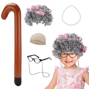 Old Lady Wig Costume for Kids, Grandma 100 Days of School Wigs Set with Gray Wig, Wig Caps, Pearl Necklace, Cane, Glasses, Eyeglass Retainer Chain, Cosplay Dress up