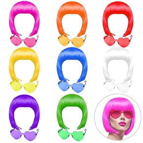 KUUQA 16 Pieces Party Wigs and Sunglass Set, Neon Short Bob Wig Sunglass Pack Costume Colorful Cosplay Wig Daily Party Hairpieces for Bachelorette Neon Party Favors, Halloween and Decorations