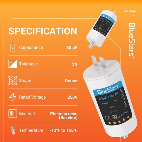 US CBB60 20uF Wire Lead Cylinder Motor Run SH Capacitor AC 450V Replacement Part by BlueStars - Compatible for Air Conditioner or Heat Pump Condenser in Saudi Arabia