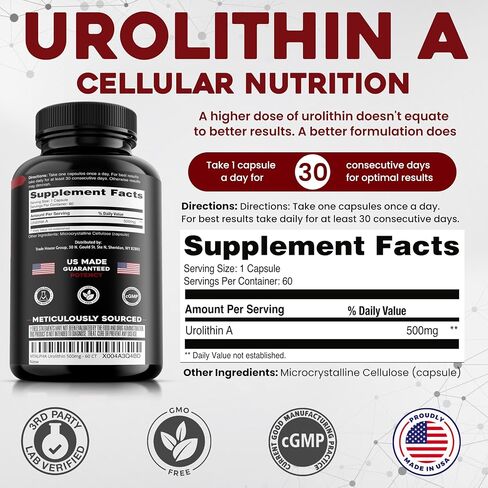 Anti-Aging Urolithin A Supplement - Pure & Powerful Antioxidant Protection Mitochondrial Supplements - Natural Energy Boost - Mitochondrial Health & Cell Repair Support for Men & Women - 60 Caps in Saudi Arabia