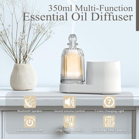 Glass Essential Oil Diffuser with Bluetooth Speaker, Cool Mist Humidifier with 7 Colors Lights Changing, Auto-Off Feature for Large Room Home Office 350ml in Saudi Arabia