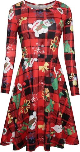 Women's Long Sleeve Christmas Dresses Casual Fall Printed Fit and Flare Aline Dress in Kuwait
