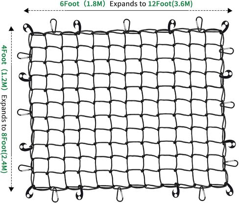 Cargo Net for Pickup Truck Bed 4 * 6 Foot Stretches to 8 * 12 Foot Heavy-Duty Mesh Square Bungee Netting with 12 Black Clips and 12 Metal Carabiners and Storage Bag in Saudi Arabia