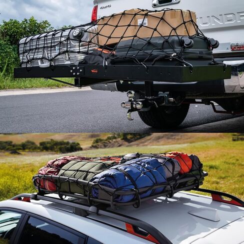 Cargo Net for Pickup Truck Bed 4 * 6 Foot Stretches to 8 * 12 Foot Heavy-Duty Mesh Square Bungee Netting with 12 Black Clips and 12 Metal Carabiners and Storage Bag in Saudi Arabia