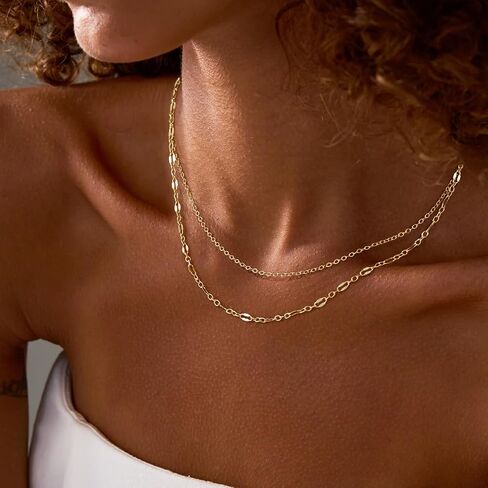 Gold Layered Necklaces for Women, 14K Gold Plated/Silver Dainty Link Chain Paperclip Twist Rope Disc Lightning Satellite Pendant Necklace Adjustable Choker Necklace Jewelry Gifts for Women in Saudi Arabia