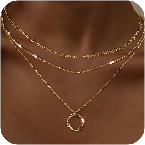 Gold Layered Necklaces for Women, 14K Gold Plated/Silver Dainty Link Chain Paperclip Twist Rope Disc Lightning Satellite Pendant Necklace Adjustable Choker Necklace Jewelry Gifts for Women in Saudi Arabia