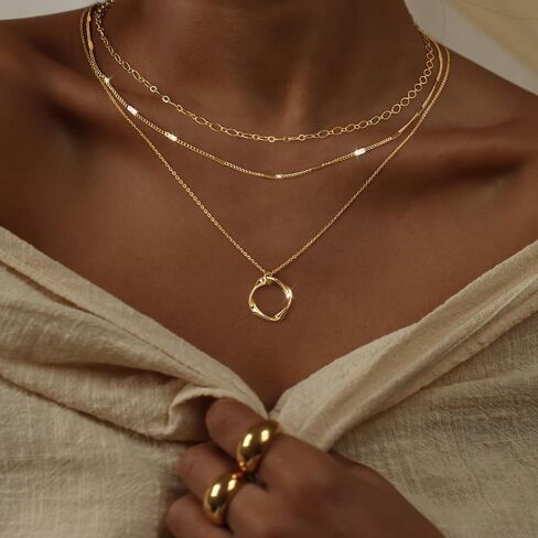 Gold Layered Necklaces for Women, 14K Gold Plated/Silver Dainty Link Chain Paperclip Twist Rope Disc Lightning Satellite Pendant Necklace Adjustable Choker Necklace Jewelry Gifts for Women in Saudi Arabia