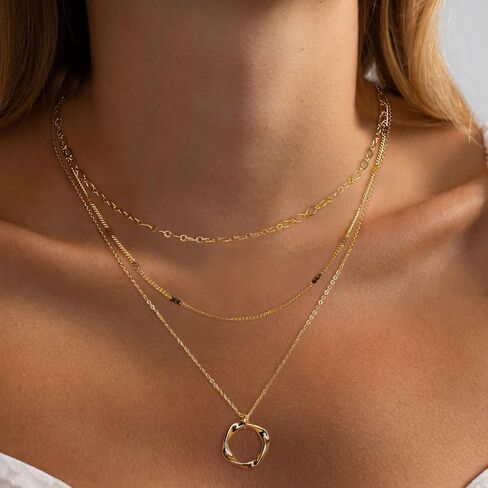 Gold Layered Necklaces for Women, 14K Gold Plated/Silver Dainty Link Chain Paperclip Twist Rope Disc Lightning Satellite Pendant Necklace Adjustable Choker Necklace Jewelry Gifts for Women in Saudi Arabia