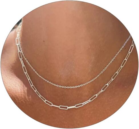 Gold Layered Necklaces for Women, 14K Gold Plated/Silver Dainty Link Chain Paperclip Twist Rope Disc Lightning Satellite Pendant Necklace Adjustable Choker Necklace Jewelry Gifts for Women in Kuwait