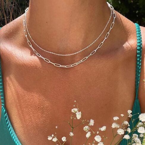 Gold Layered Necklaces for Women, 14K Gold Plated/Silver Dainty Link Chain Paperclip Twist Rope Disc Lightning Satellite Pendant Necklace Adjustable Choker Necklace Jewelry Gifts for Women in Kuwait