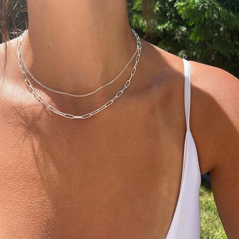 Gold Layered Necklaces for Women, 14K Gold Plated/Silver Dainty Link Chain Paperclip Twist Rope Disc Lightning Satellite Pendant Necklace Adjustable Choker Necklace Jewelry Gifts for Women in Kuwait