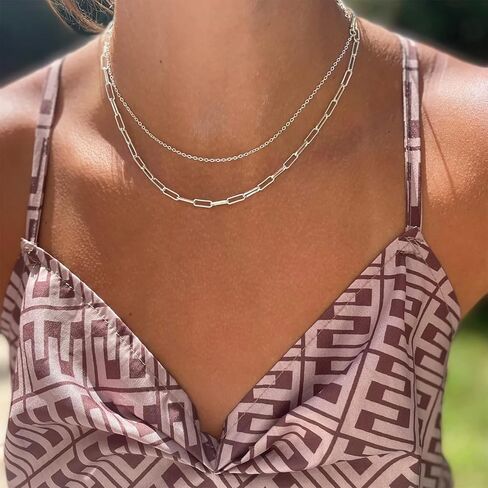 Gold Layered Necklaces for Women, 14K Gold Plated/Silver Dainty Link Chain Paperclip Twist Rope Disc Lightning Satellite Pendant Necklace Adjustable Choker Necklace Jewelry Gifts for Women in Kuwait