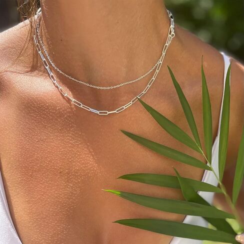 Gold Layered Necklaces for Women, 14K Gold Plated/Silver Dainty Link Chain Paperclip Twist Rope Disc Lightning Satellite Pendant Necklace Adjustable Choker Necklace Jewelry Gifts for Women in Kuwait