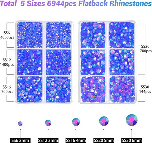 HAUTOCO 6944 قطعة من أحجار الراين المسطحة من الراتنج الشفاف، 2 مم 3 مم 4 مم 5 مم 6 مم مستديرة غير قابلة للإصلاح من أحجار الراين اللامعة مع ملقط وقلم اختيار للحرف اليدوية وفن الأظافر والملابس والأكواب (SS6~SS30) in Kuwait