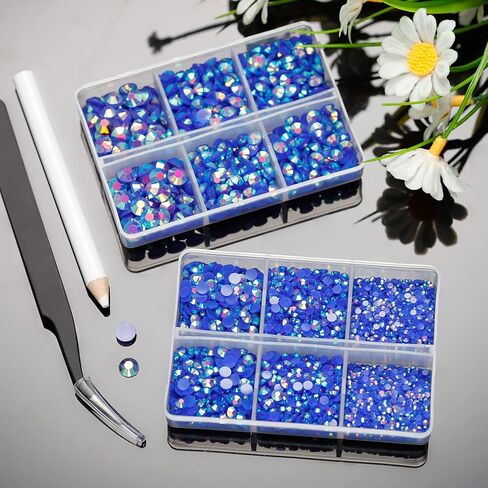 HAUTOCO 6944 قطعة من أحجار الراين المسطحة من الراتنج الشفاف، 2 مم 3 مم 4 مم 5 مم 6 مم مستديرة غير قابلة للإصلاح من أحجار الراين اللامعة مع ملقط وقلم اختيار للحرف اليدوية وفن الأظافر والملابس والأكواب (SS6~SS30) in Kuwait