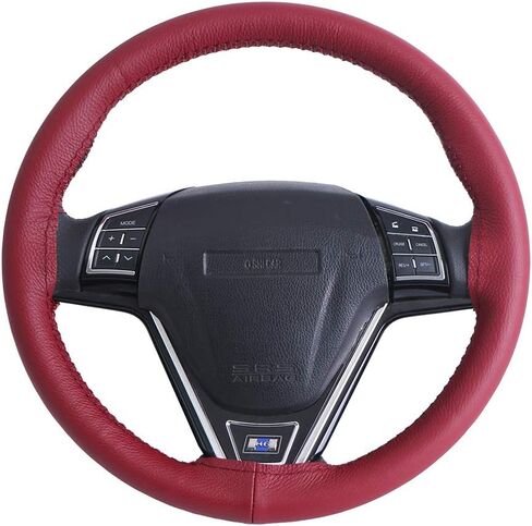 15 Inch Universal Cow Leather Car Steering Wheel Cover Soft and Delicate DIY Black Cowhide Steering Wrap Red Sewing Line in Saudi Arabia