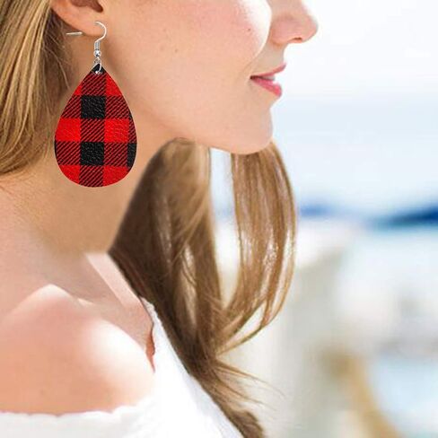 Buffalo Plaid Earrings for Women Christmas Plaid Earrings Lightweight Faux Leather Teardrop Dangle Earrings for Women Xmas Plaid Leather Earrings in Saudi Arabia