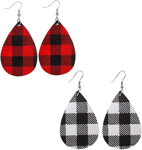 Buffalo Plaid Earrings for Women Christmas Plaid Earrings Lightweight Faux Leather Teardrop Dangle Earrings for Women Xmas Plaid Leather Earrings in Saudi Arabia