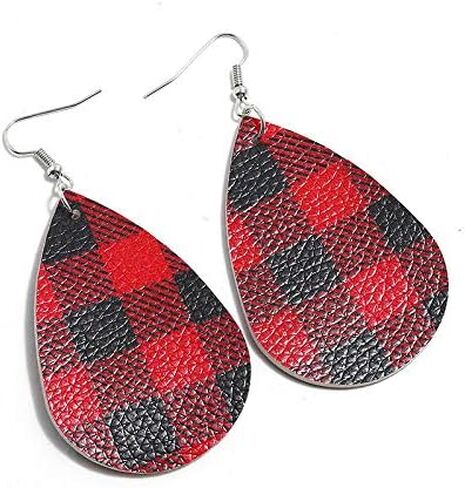Buffalo Plaid Earrings for Women Christmas Plaid Earrings Lightweight Faux Leather Teardrop Dangle Earrings for Women Xmas Plaid Leather Earrings in Saudi Arabia