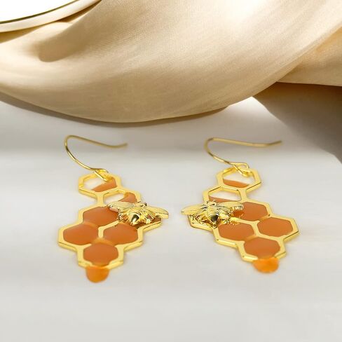 Bumble Bee Earrings-Honeycomb Earrings For Women -Honey Jar Earrings Asymmetrical Earrings Bee Costume Women in Saudi Arabia