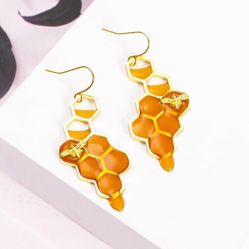 Bumble Bee Earrings-Honeycomb Earrings For Women -Honey Jar Earrings Asymmetrical Earrings Bee Costume Women in Saudi Arabia