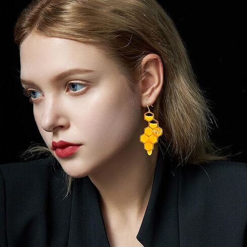 Bumble Bee Earrings-Honeycomb Earrings For Women -Honey Jar Earrings Asymmetrical Earrings Bee Costume Women in Saudi Arabia