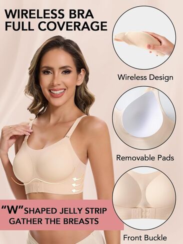 Push Up Bras for Women Wireless No Underwire Bras Backless Full Coverage Bralettes Soft Support Front Closure Bra in Kuwait