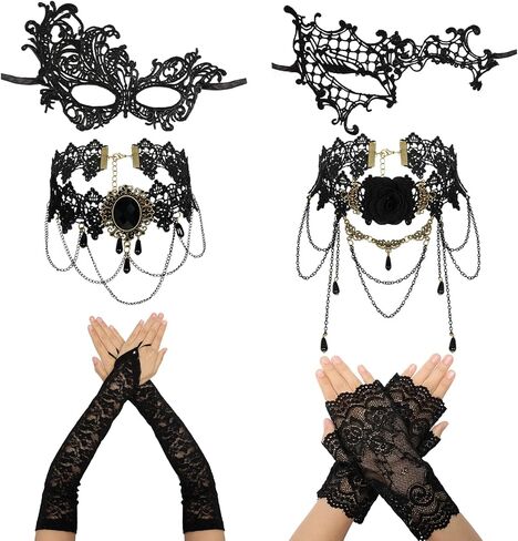 Fumwase 6 Pcs Eyemask Set Party Mask Set for Women Black Lace Eyemask Necklace Gloves Set Cosplay Halloween Accessories in Saudi Arabia