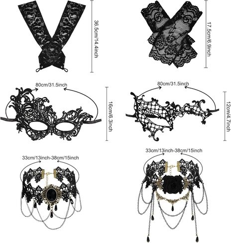 Fumwase 6 Pcs Eyemask Set Party Mask Set for Women Black Lace Eyemask Necklace Gloves Set Cosplay Halloween Accessories in Saudi Arabia