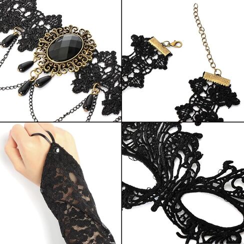 Fumwase 6 Pcs Eyemask Set Party Mask Set for Women Black Lace Eyemask Necklace Gloves Set Cosplay Halloween Accessories in Saudi Arabia