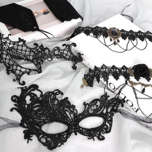 Fumwase 6 Pcs Eyemask Set Party Mask Set for Women Black Lace Eyemask Necklace Gloves Set Cosplay Halloween Accessories in Saudi Arabia