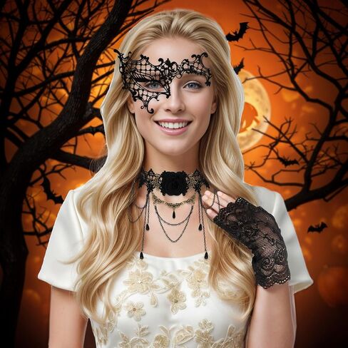 Fumwase 6 Pcs Eyemask Set Party Mask Set for Women Black Lace Eyemask Necklace Gloves Set Cosplay Halloween Accessories in Saudi Arabia
