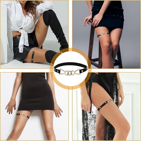 2 Pcs Thigh Garter Belts for women Adjustable Leg Garter High Elastic Fastening Garter Belt PU Simulated Leather Stockings Garter with Gold Chain Buckle Leg Harness for Thigh Strap High Socks, Black in Saudi Arabia