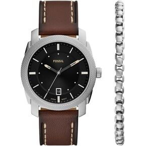 Fossil Men's Machine Three-Hand Date Brown Leather Watch and Bracelet Set