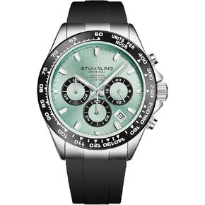 Stuhrling Aquamaster Quartz Chronograph Watch Screw Down Crown Luminous Hands, Date and 24 Hour Subdial Black Rubber Band for Men 42mm Case Water Resistance