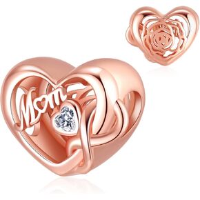 925 Sterling Silver Heart Beads Charm fits Bracelets Necklace, Rose Gold Mom Pendant Bead Mother's Day Birthday Woman Jewelry Gifts