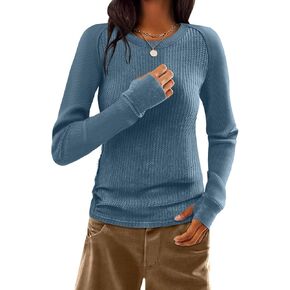 Women Waffle Knit Tops Thermal Long Sleeve Shirts Slim Fitted Crewneck Shirt Fall Winter Tops 2025