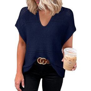 Dokotoo Womens Summer V Neck Short Sleeve Sweater Casual Crochet Hollow Out Knit Tops Casual Dressy Shirts Blouses