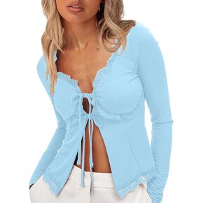 CSDAJIO Women's Lace Open Front Tie Long Sleeve Deep V Neck Crop Top Sexy Ruffle Trim Going Out T Shirt