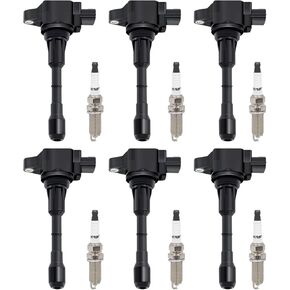 MAS Set of 6 Iridium Spark Plug and 6 Ignition Coil Pack Compatible with Nissan Infiniti Maxima Murano Pathfinder Quest Altima Q50 QX60 FX35 3.5L V6 Replacement for UF550