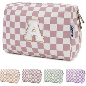 Narwey Personalized Initial Makeup Bag Toiletry Bag Gifts for Women Girls Large Checkered Makeup Bag Zipper Pouch Travel Cosmetic Bag Organizer for Women (Light Checkerboard Letter A)