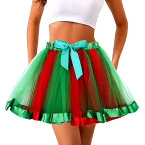 Christmas Tutu Skirt Red Green Bow Tutus Women Layered Tulle Skirts Satin Bowknot Tutu Skirts Xmas Festival Puffy Tutus Skirt for Women