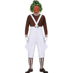 Mens Candy Chocolate Factory Worker Costume Shirt Jumpsuit Outfit with Gloves Leggings Adult Halloween Cosplay Props