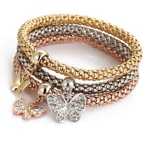 RINHOO FRIENDSHIP 3PCS Gold Silver Rose Gold Corn Chain Bracelet Crystal Multilayer Charms Stretch Bracelet for Women
