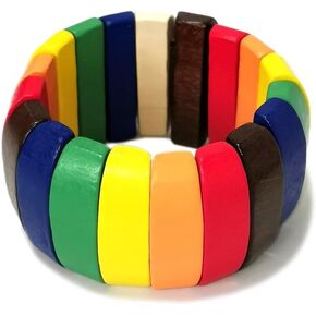 Colorful Wooden Beads Stretch Bracelet for Women Bohemian Wide Chunky Bangle Multi-Colored Bracelet Wood Elastic Wristband Jewelry
