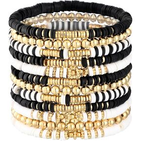 Junkin 12 Pcs Preppy Bracelets Surfer Heishi Bracelets Stackable Boho Colorful Beaded Stretch Bracelets Gift for Women