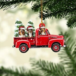 Talataca Sheltie with Christmas Red Truck Pine Tree Gift 2D Flat Car Rear View Mirror Accessories Christmas Tree Ornament Decoration Hanging Charm Interior Rearview Pendant Decor Gift